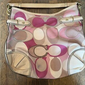 Coach Beige and Pink Plaid Shoulder Bag